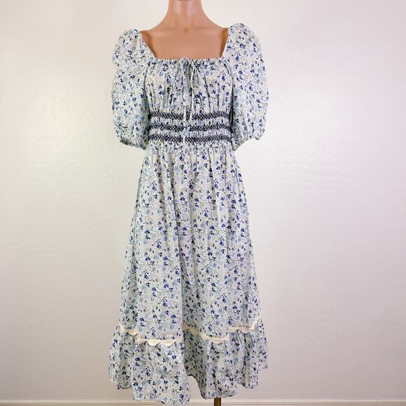 Johnny Was Camille Puff Sleeve Square Smocked Floral Cottagecore Midi Dress NWT - Picture 1 of 13